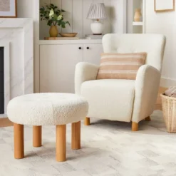 Kessler Round Tufted Faux Shearling Ottoman With Wood Legs Cream - Threshold™ Designed With Studio McGee -Home Living GUEST 04b65af8 a754 447b a4dd 3ee4c3c36a15