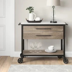 Derry Stone Top Mixed Material Kitchen Island Brown - Threshold™: Solid Hardwood, Storage, Wheels